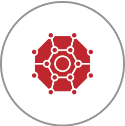 Red geometric network icon on white background.