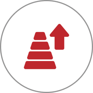 Red pyramid and arrow pointing upward icon.