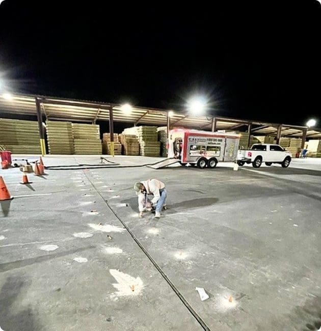 C.A.T.FOAM performing nighttime polyurethane concrete lifting and slab stabilization at a commercial lumber yard loading area to reduce downtime