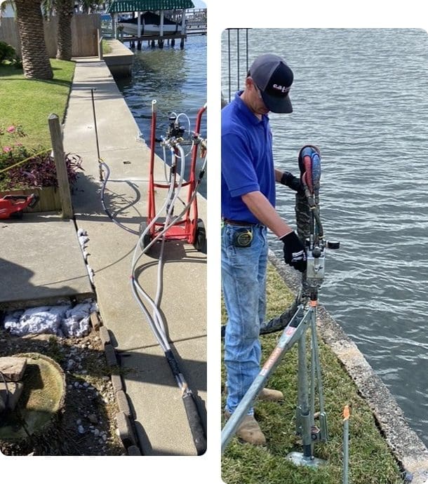 C.A.T.FOAM performing Deep Foamjection™ polyurethane injection behind a waterfront bulkhead to fill voids and stabilize soils