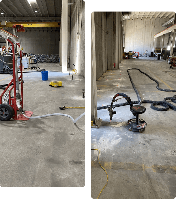 C.A.T.FOAM performing polyurethane foam injection to lift and support a manufacturing facility concrete floor without shutting down production